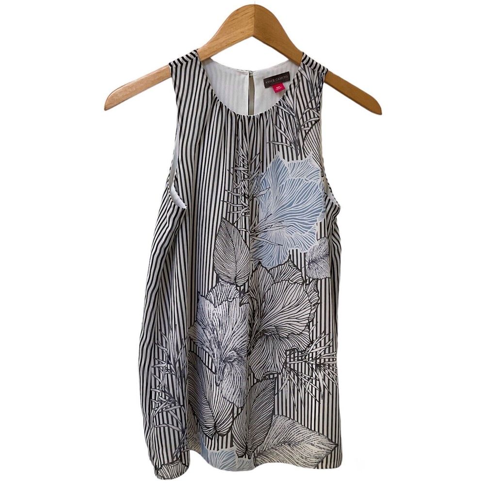Vince Camuto Striped/Floral Black White Mixed Print Pullover XXS